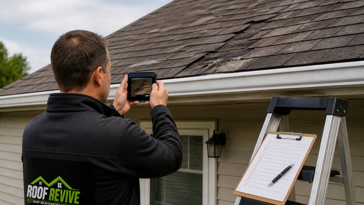 A homeowner standing safely on the ground photographing damaged asphalt shingles with a smartphone while a clipboard with a checklist rests on a nearby ladder