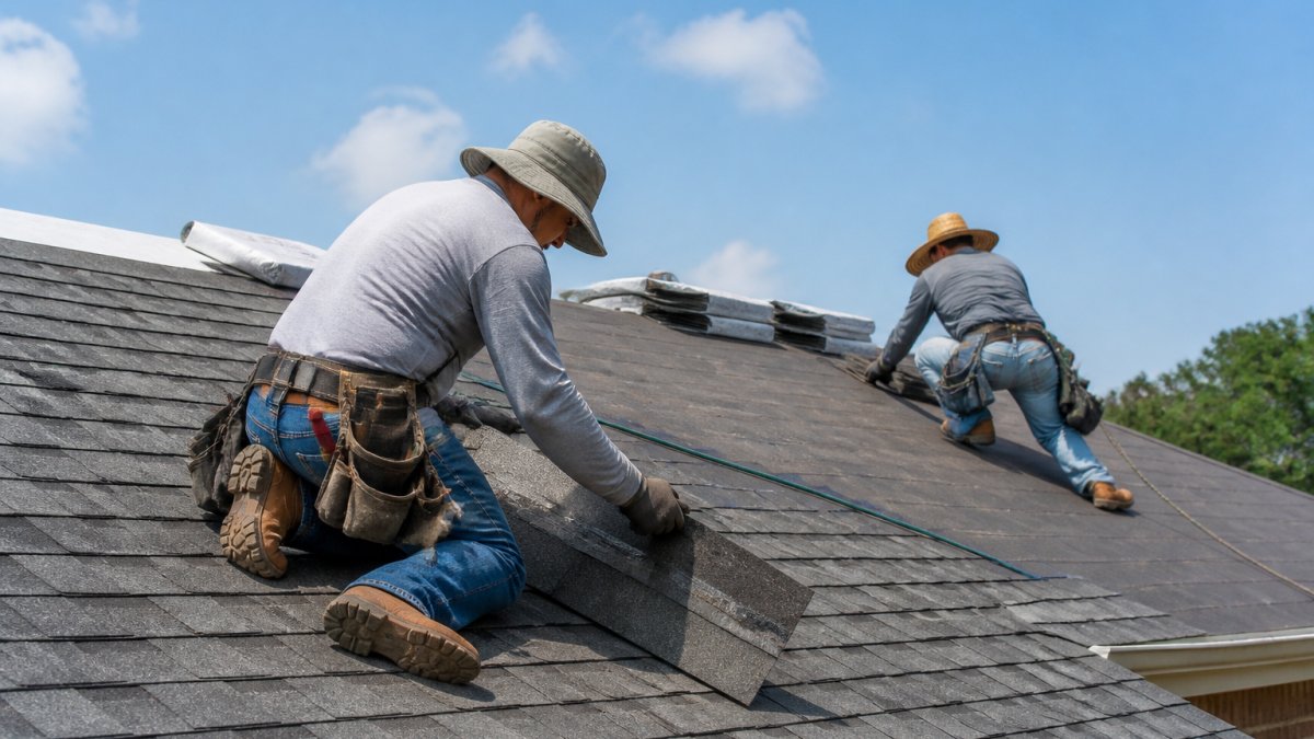 Professional roofers installing asphalt shingles on a residential roof, demonstrating proper technique with safety equipment and clear weather conditions
