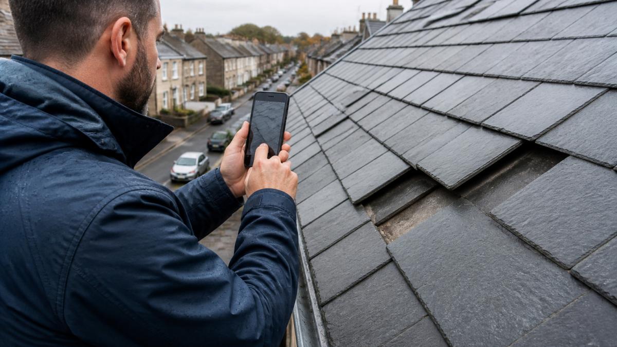 Homeowner capturing roof insurance claim evidence by photographing a slipped slate on a roof with a smartphone