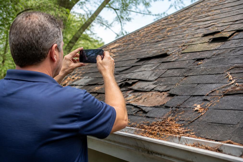 Homeowner photographing roof damage with a smartphone, showing curled and missing shingles with debris scattered across the roof surface, captured in natural daylight