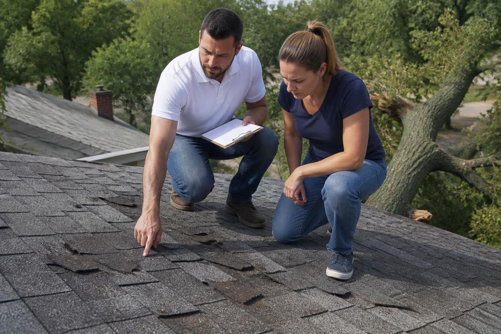 Professional insurance adjuster and homeowner standing on a residential roof examining storm damage, with the adjuster pointing at damaged asphalt shingles and taking notes on a clipboard, natural daylight