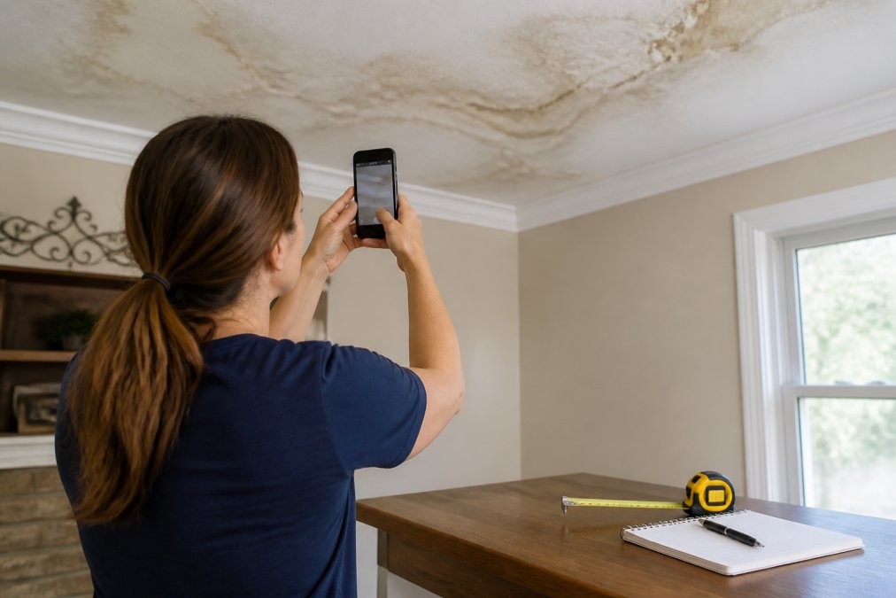 Homeowner photographing water stains and ceiling damage with smartphone, with notebook and measurement tape visible on nearby table in bright natural light