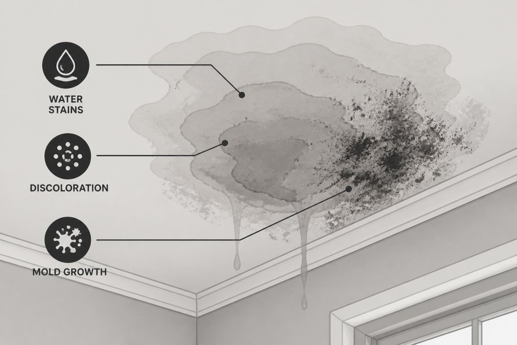 Close-up of interior ceiling showing water stains, discoloration, and visible mold growth spreading across drywall from a roof leak