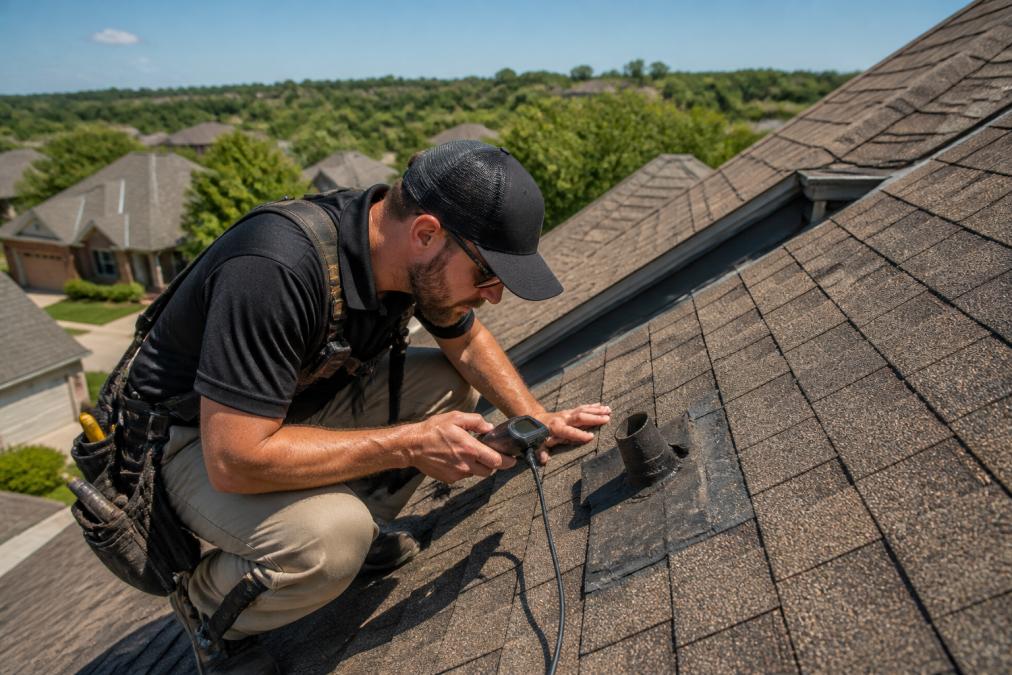Professional roofer conducting aerial inspection on residential roof, examining asphalt shingles and flashing with diagnostic tools in bright daylight
