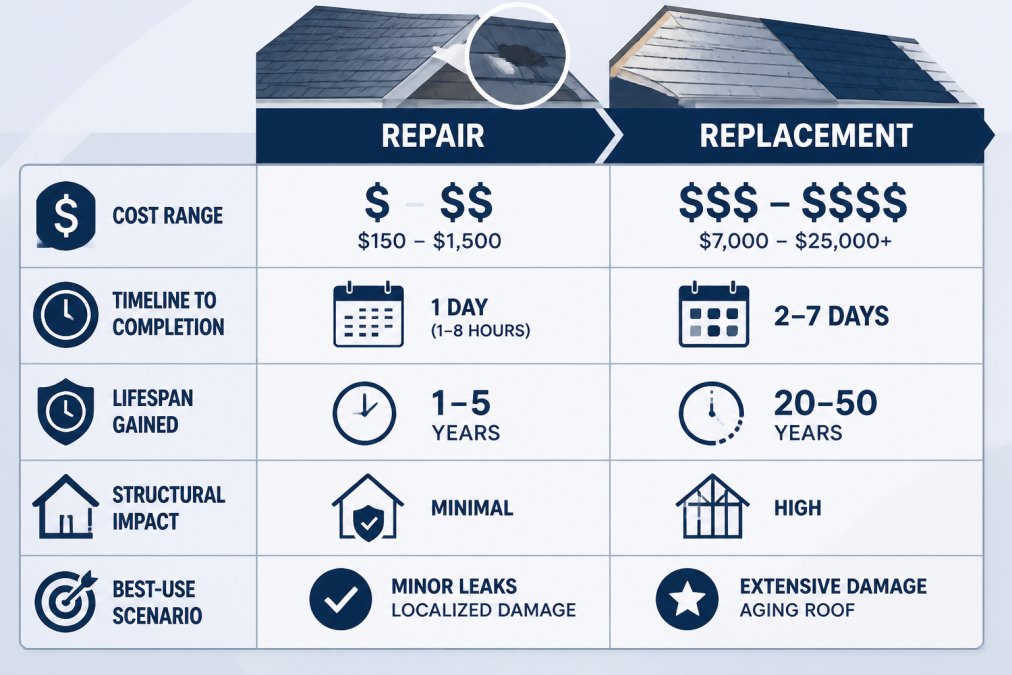 Decision matrix comparing repair vs replacement across five criteria: cost range, timeline to completion, lifespan gained, structural impact, and best-use scenario