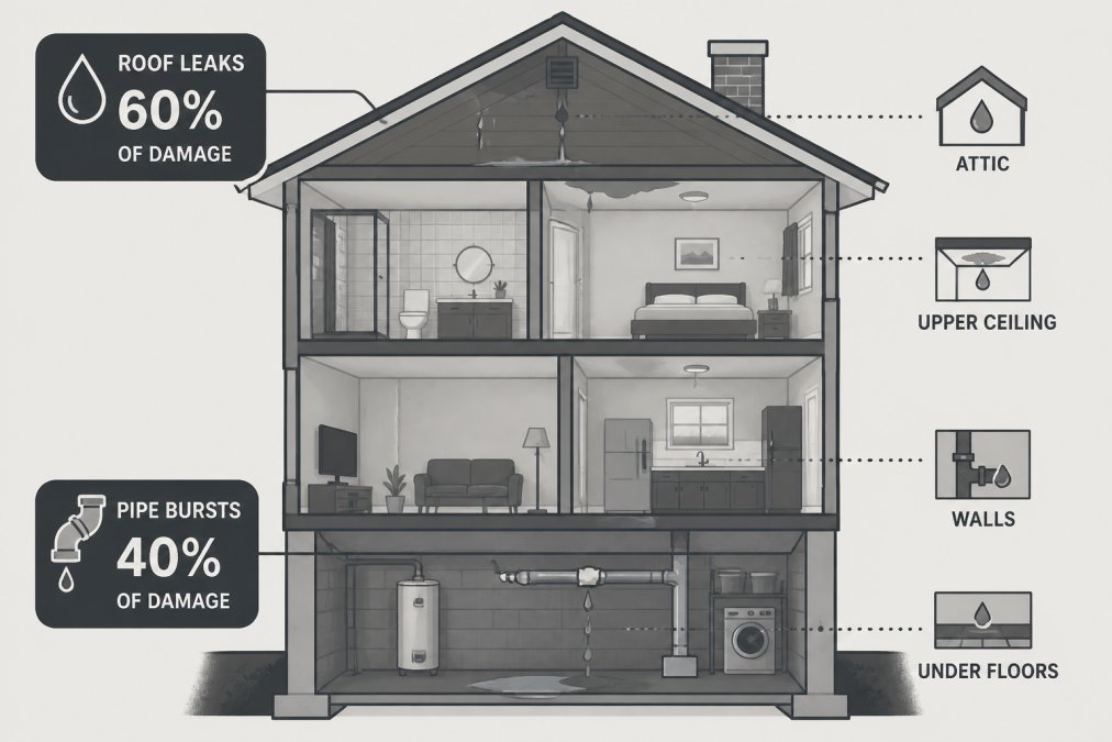 Cross-section diagram of a house showing water damage locations: roof leaks in attic and upper ceiling (60% of damage), pipe bursts under floors and in walls (40% of damage), with moisture spread patterns indicated