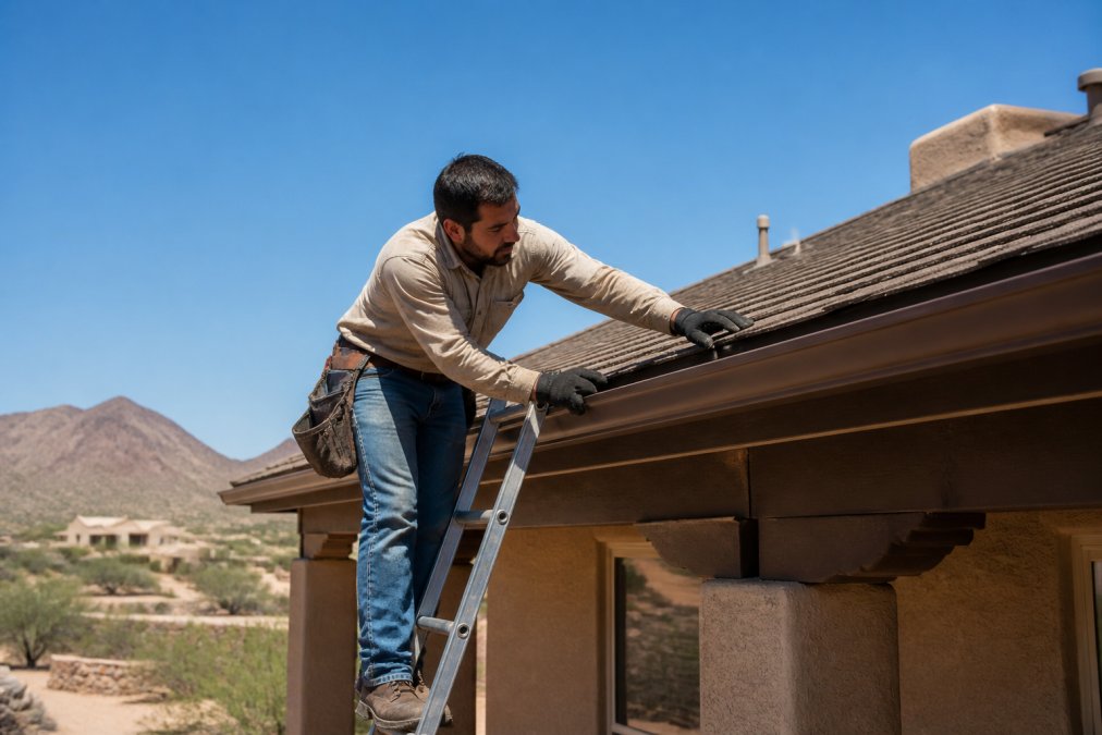 A homeowner in work clothes standing on a ladder inspecting roof shingles on a sunny desert day, with clear blue sky and adobe-style home in the background