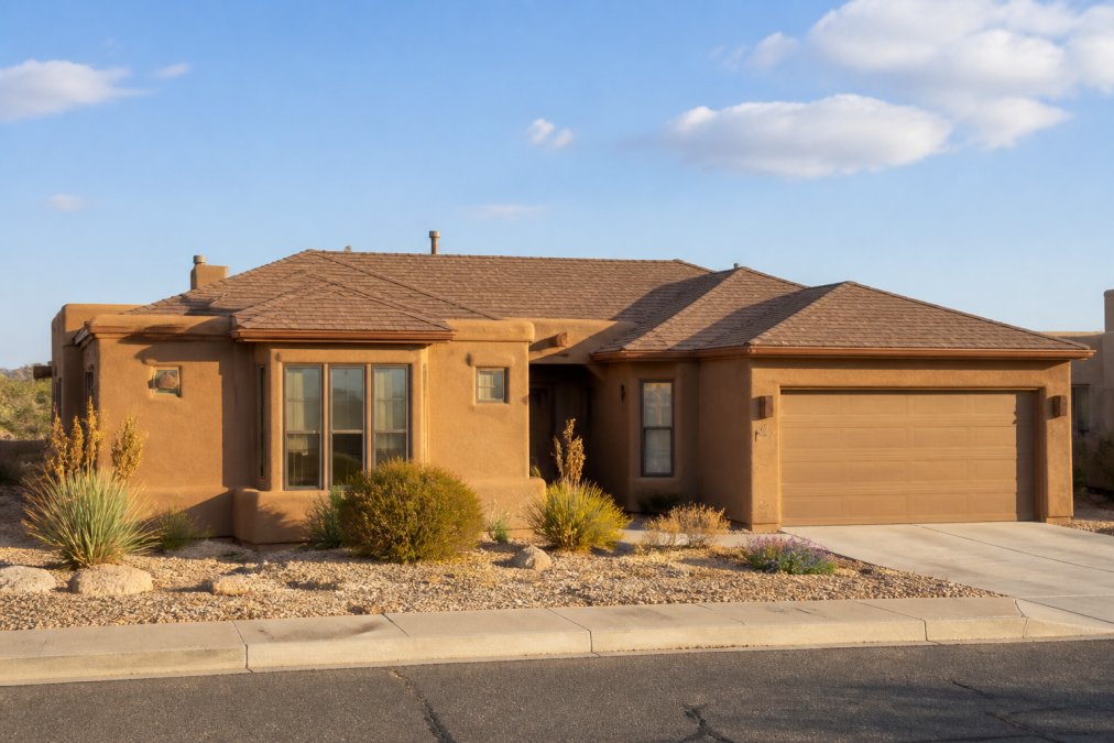 A single-story Southwestern home exterior with a clean, well-maintained asphalt shingle roof in a warm desert color palette, coordinated trim and stucco walls, photographed from the street in late afternoon light
