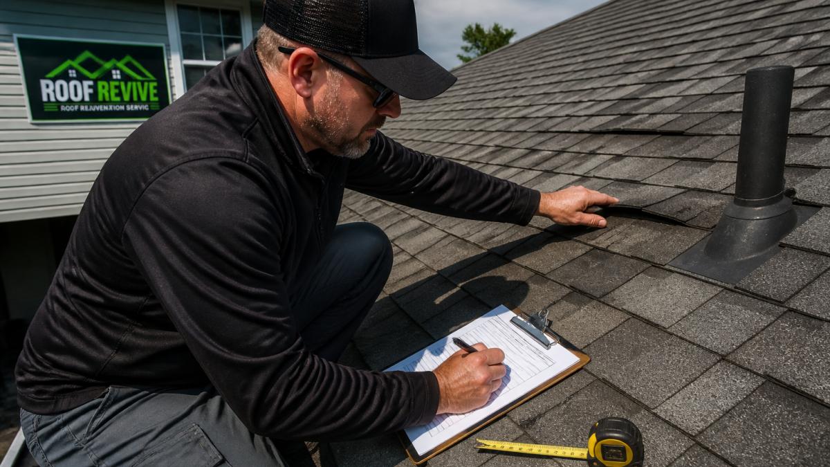 Professional roofing inspector examining roof shingles up close with clipboard and measuring tools, daylight inspection of roof condition