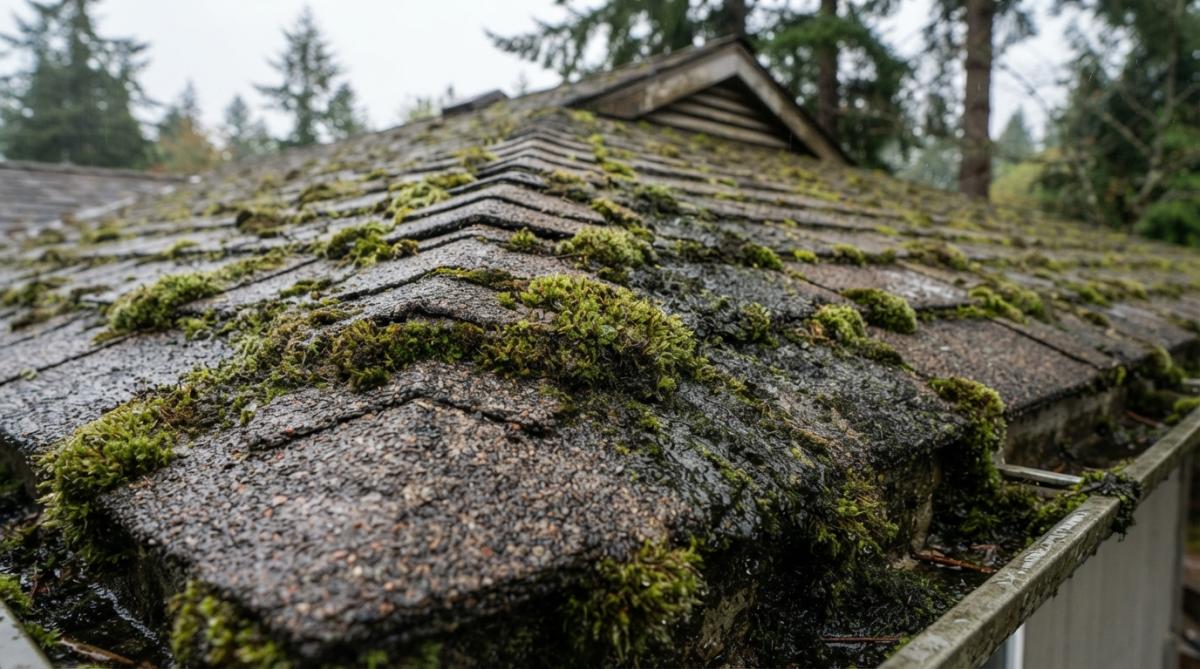 Close-up of thick green moss and dark algae staining covering asphalt shingles on a wet roof surface, with moisture visible on the growth