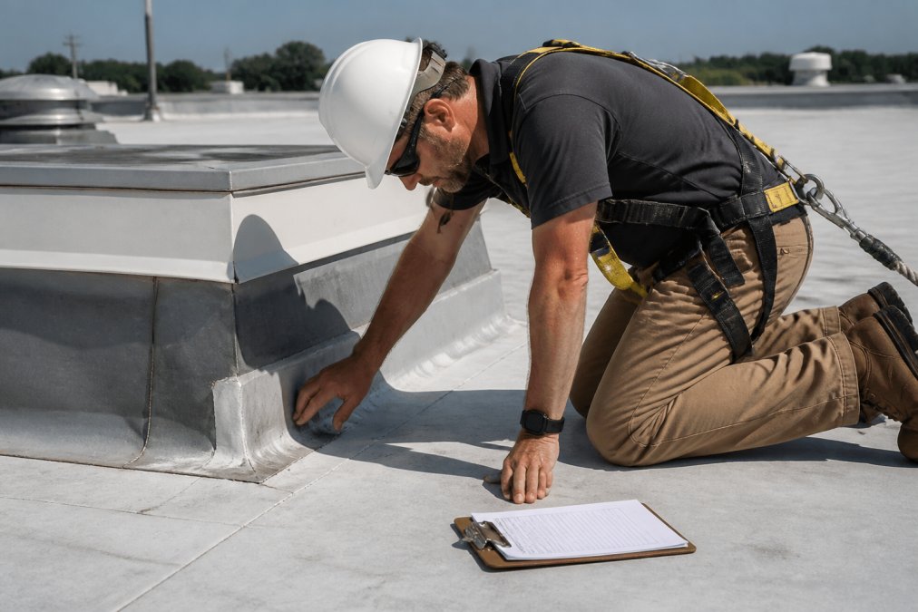 Professional illustration showing roofing and professional and safety concepts for roof maintenance
