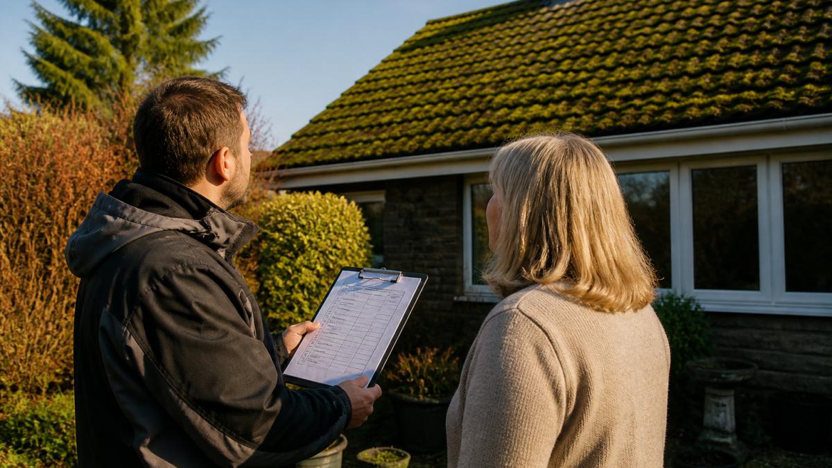 Homeowner and surveyor reviewing a roof moss removal quote checklist in a garden