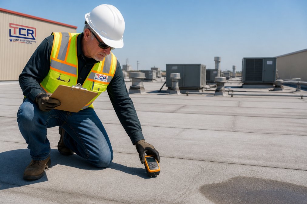 A roofing inspector in safety gear examining the surface of a large flat industrial roof, holding a clipboard and moisture meter, with manufacturing plant HVAC units visible in the background under a clear sky