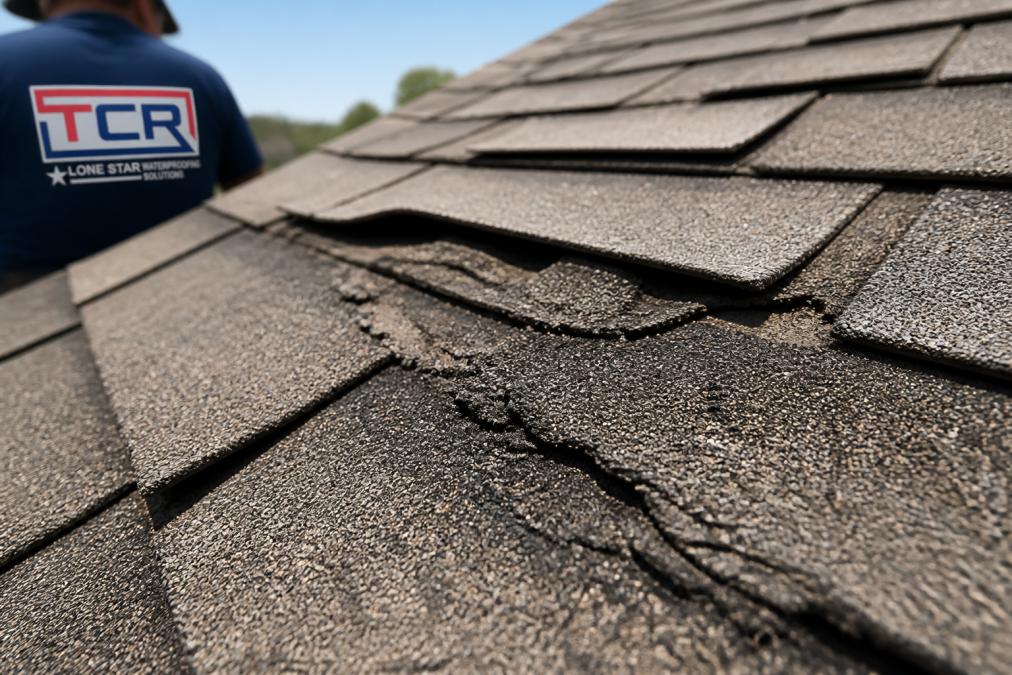 Close-up of deteriorating asphalt shingles showing granule loss, visible curling edges, and heat-damaged surface under intense sunlight on a residential roof