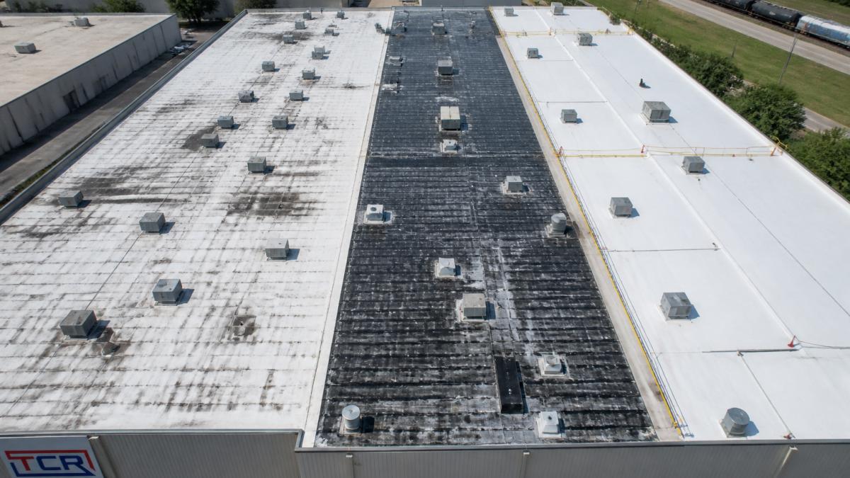 Aerial diagram illustrating roof refurbishment vs replacement cost factors through visual wear and membrane conditions.