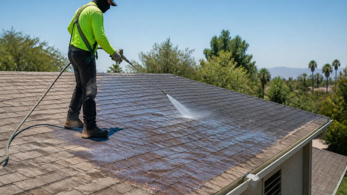 A roofing technician in safety gear spraying a clear treatment across weathered asphalt shingles on a single-story home, sprayer hose trailing behind, clear afternoon light