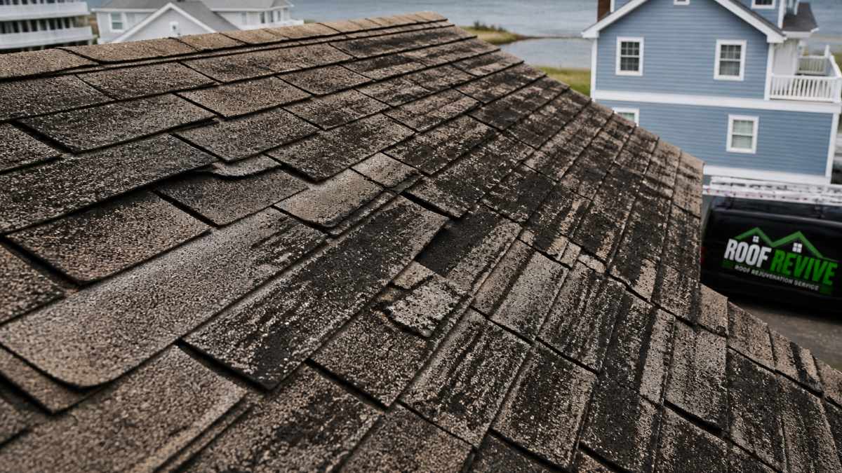 Close-up of aged asphalt shingle roof showing granule loss, curling edges, and dark weathering patterns visible from above