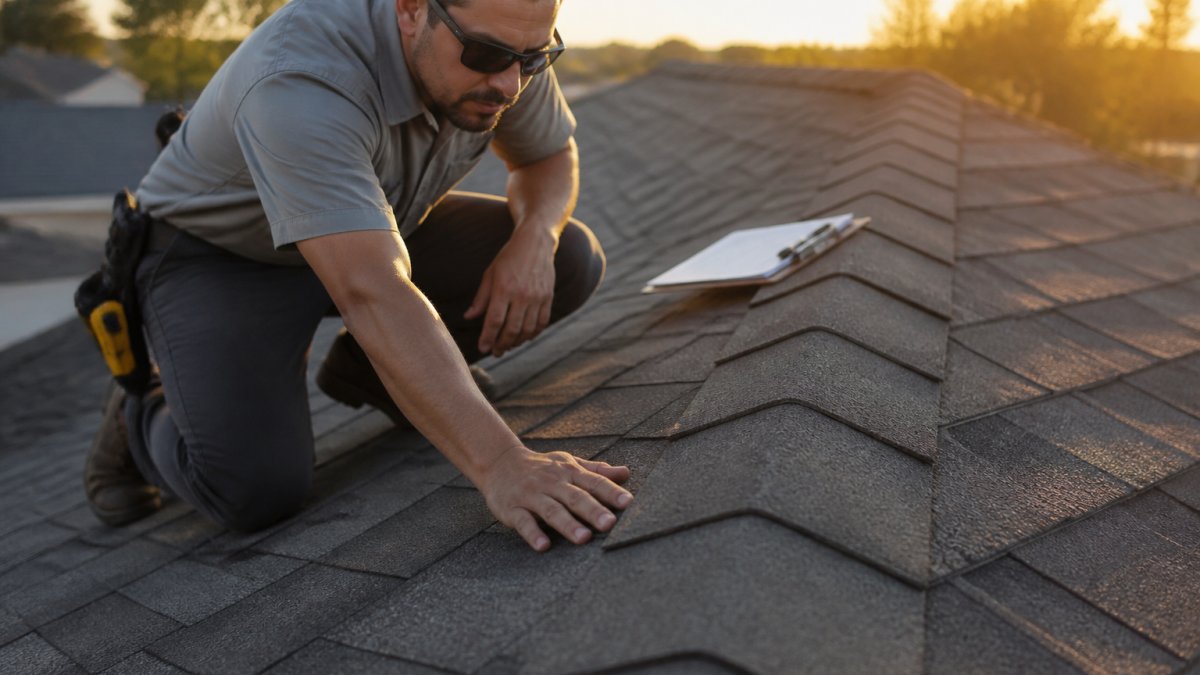 A roofing contractor in work clothes kneeling on an asphalt shingle roof in warm afternoon light, one hand running along a row of shingles while a clipboard rests on the ridge behind them