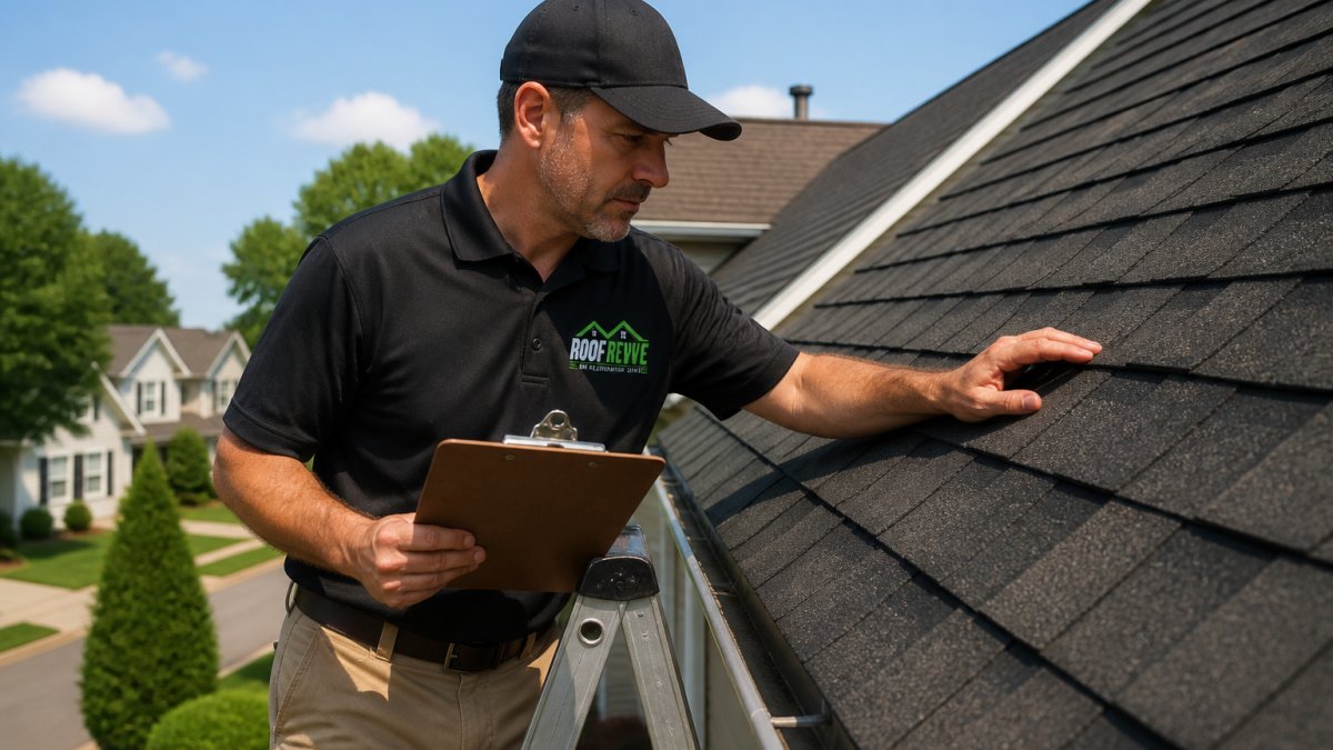 A licensed roofing inspector on a ladder examining asphalt shingles on a residential roof, clipboard in hand, with a suburban home and clear sky in the background