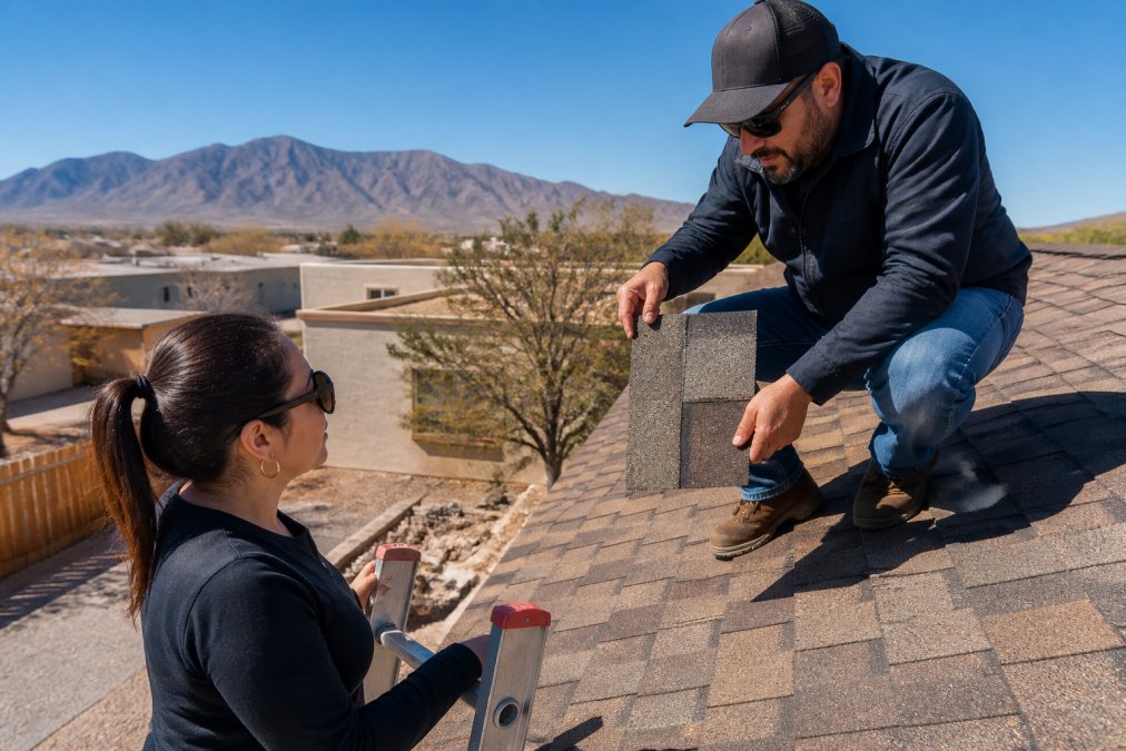 A professional inspector in work attire kneeling on an asphalt shingle roof, holding a shingle up to show granule loss to a homeowner standing on a ladder below, bright New Mexico sunlight