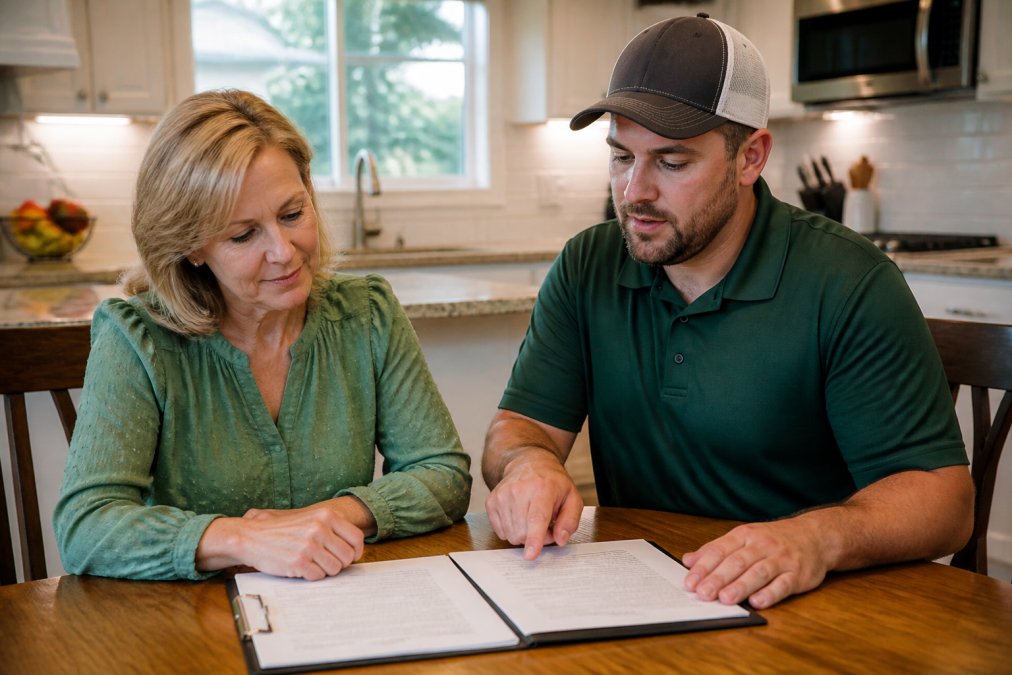 Homeowner and professional contractor reviewing roof rejuvenation warranty document and service agreement at kitchen table with natural lighting, pointing to contract terms