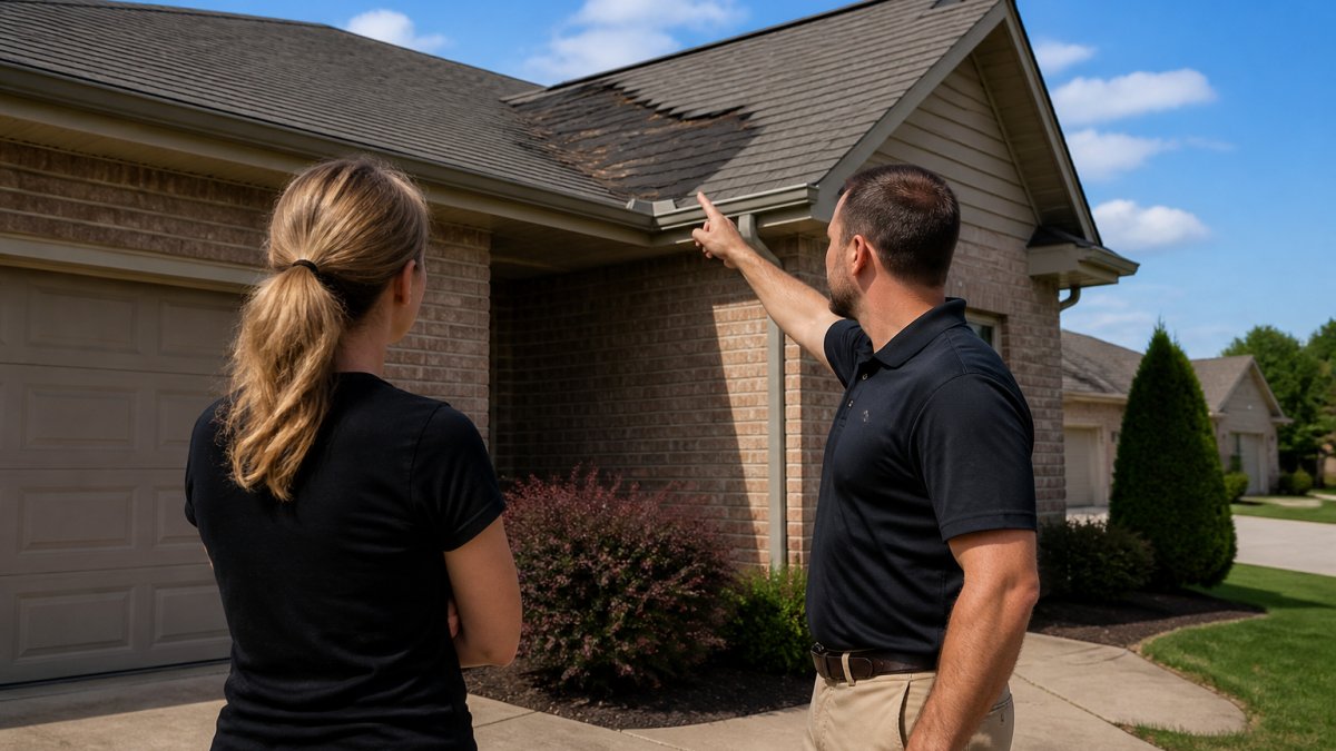 Roofing contractor pointing at damaged asphalt shingles for a homeowner in a suburban driveway