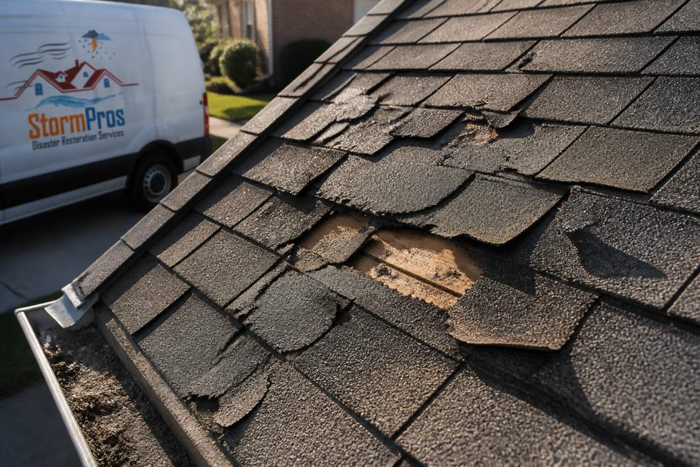 Close-up of residential roof shingles showing curled edges, missing pieces, and visible weathering with morning sunlight highlighting the damage areas