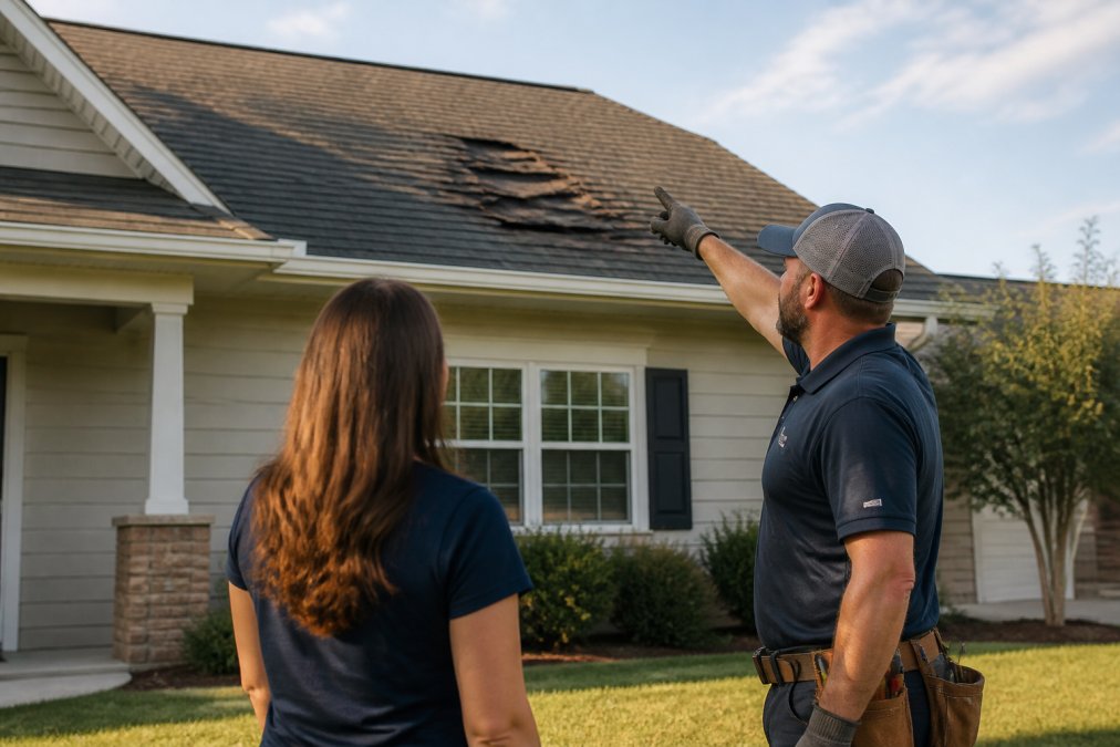 A homeowner standing in their yard looking up at a roof where a section of asphalt shingles is visibly damaged and curling, with a contractor in work gear pointing at the affected area, late afternoon sunlight casting long shadows