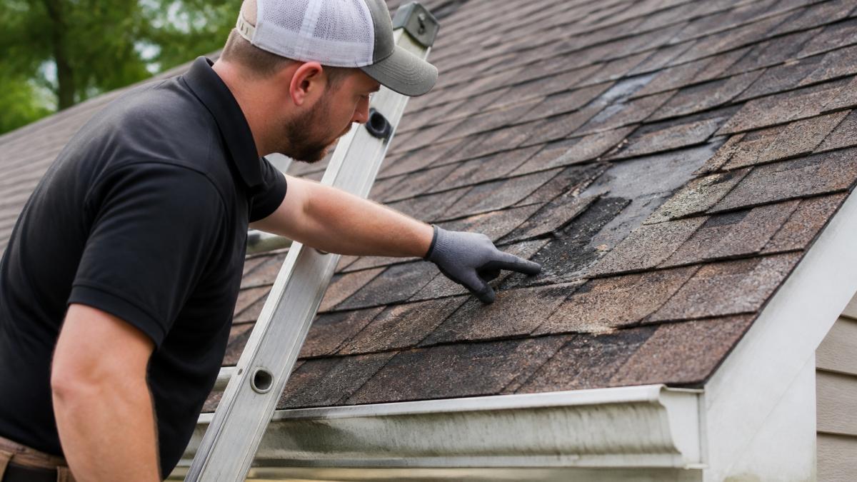 Professional roofer examining and pointing to damaged, curled, and missing shingles on residential roof edge from ladder, showing wear patterns and granule loss in natural daylight