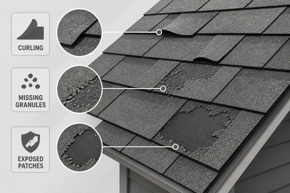 Close-up of aged asphalt shingles showing curling edges, missing granules, and exposed dark patches on a residential roof under bright daylight
