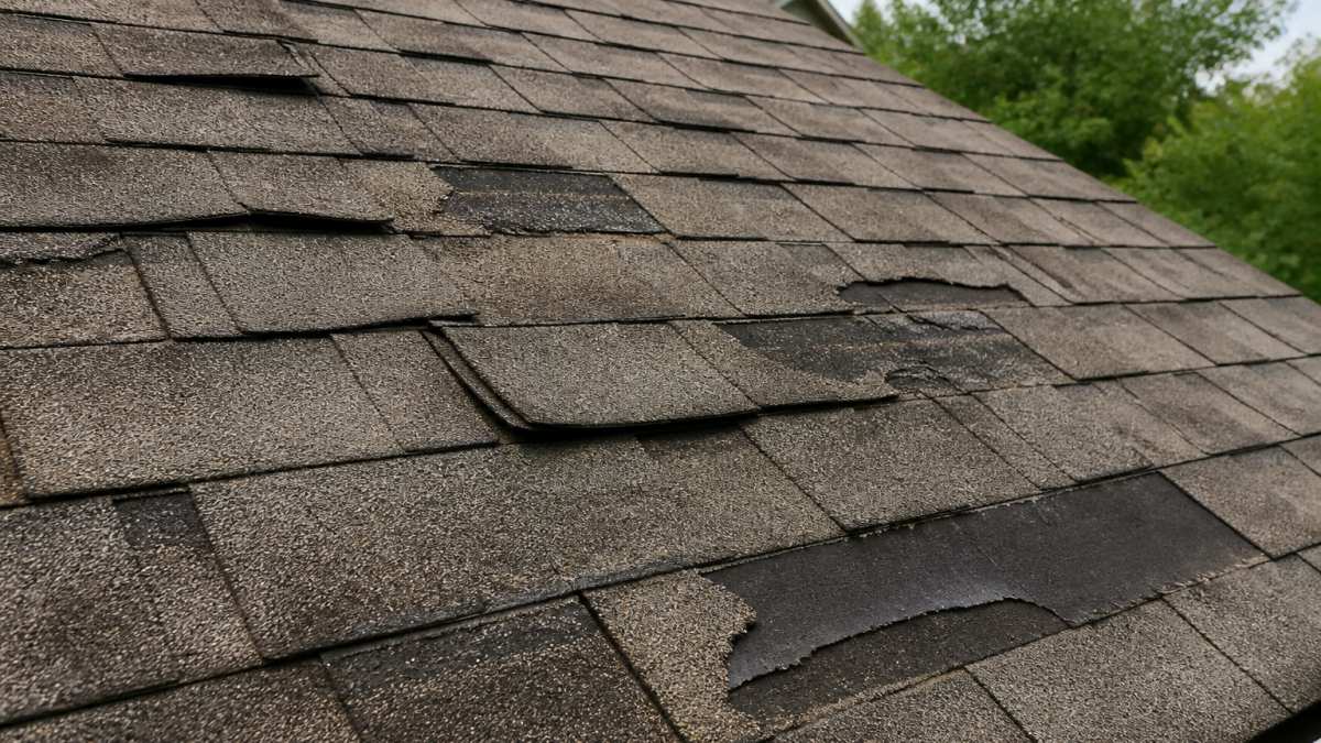 Close-up of asphalt shingles showing visible curling, missing pieces, dark streaking, and weathered edges on a residential roof under natural daylight