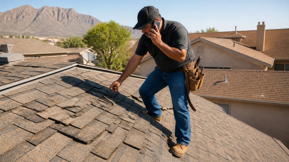 Professional roofing contractor inspecting damaged residential roof shingles with missing and curled edges in bright El Paso sunlight, examining damage patterns