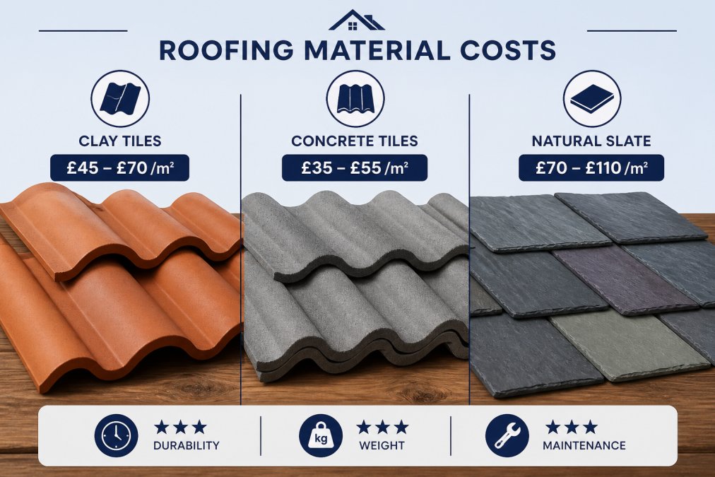 Close-up of different roofing material samples arranged together, showing clay tiles in warm terracotta tones, grey concrete tiles, and natural slate pieces with varied texture and colour in natural daylight on a wooden surface