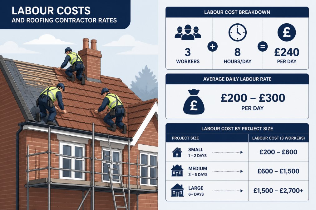Professional roofing team of three workers in high-visibility clothing and safety harnesses securing clay tiles to a pitched roof of a brick semi-detached home, with metal scaffolding visible alongside the building and clear blue sky above