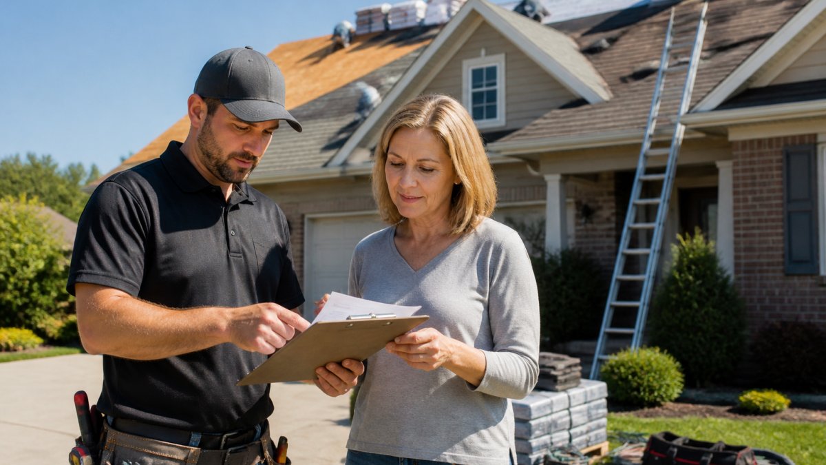A roofing contractor and homeowner standing in a driveway reviewing a printed estimate on a clipboard, with a house and ladder visible in the background under a clear sky