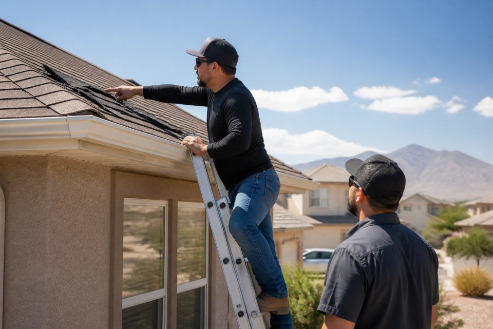 A roofing contractor on a ladder inspecting damaged shingles on a sunny day, suburban El Paso home in the background