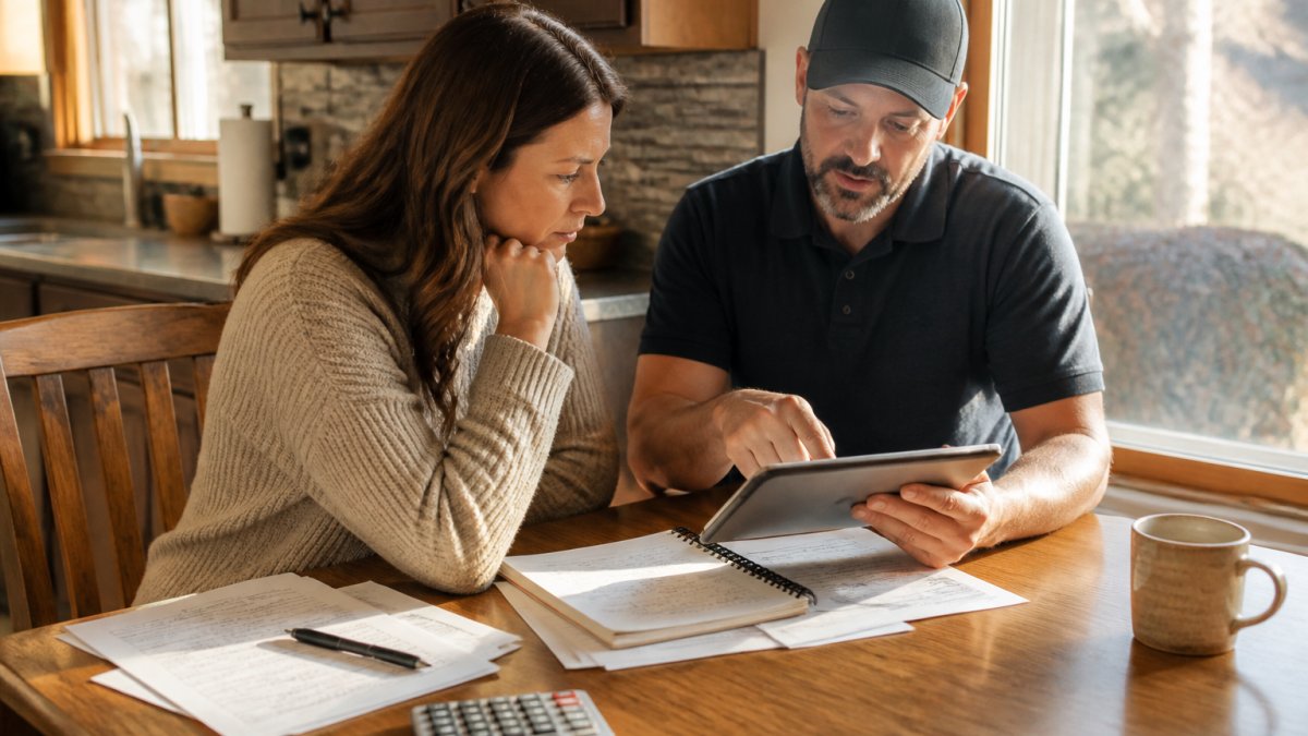 A homeowner and a contractor reviewing financing documents and a tablet showing loan options at a kitchen table, with a notebook and calculator nearby, warm afternoon light through the window