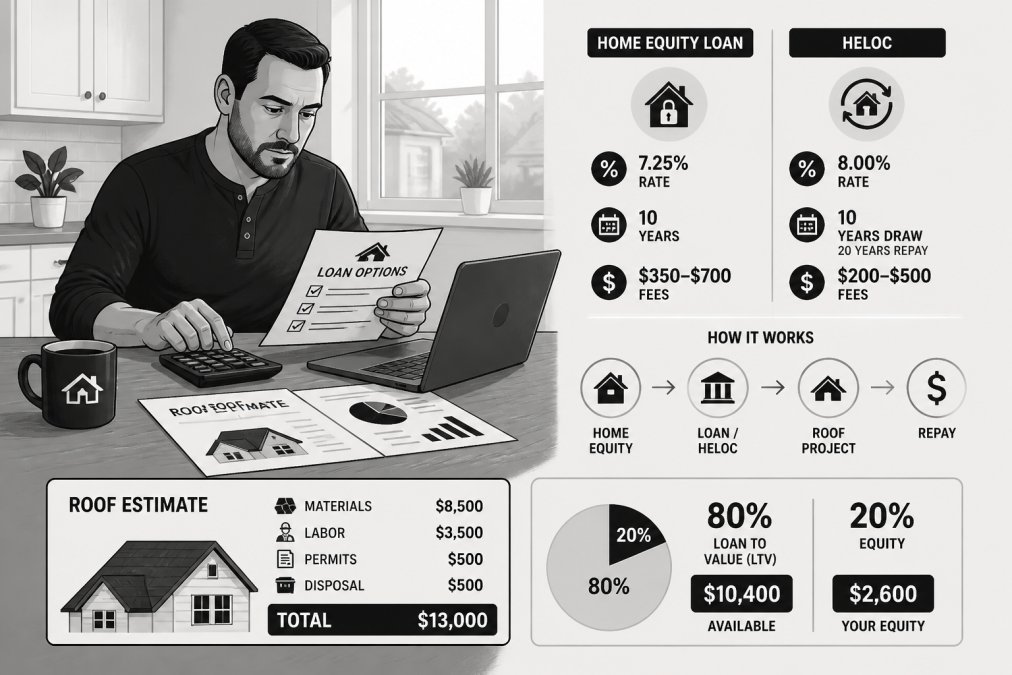 Homeowner reviewing loan documents and roof estimates at kitchen table with calculator, laptop, and financial papers in natural afternoon light