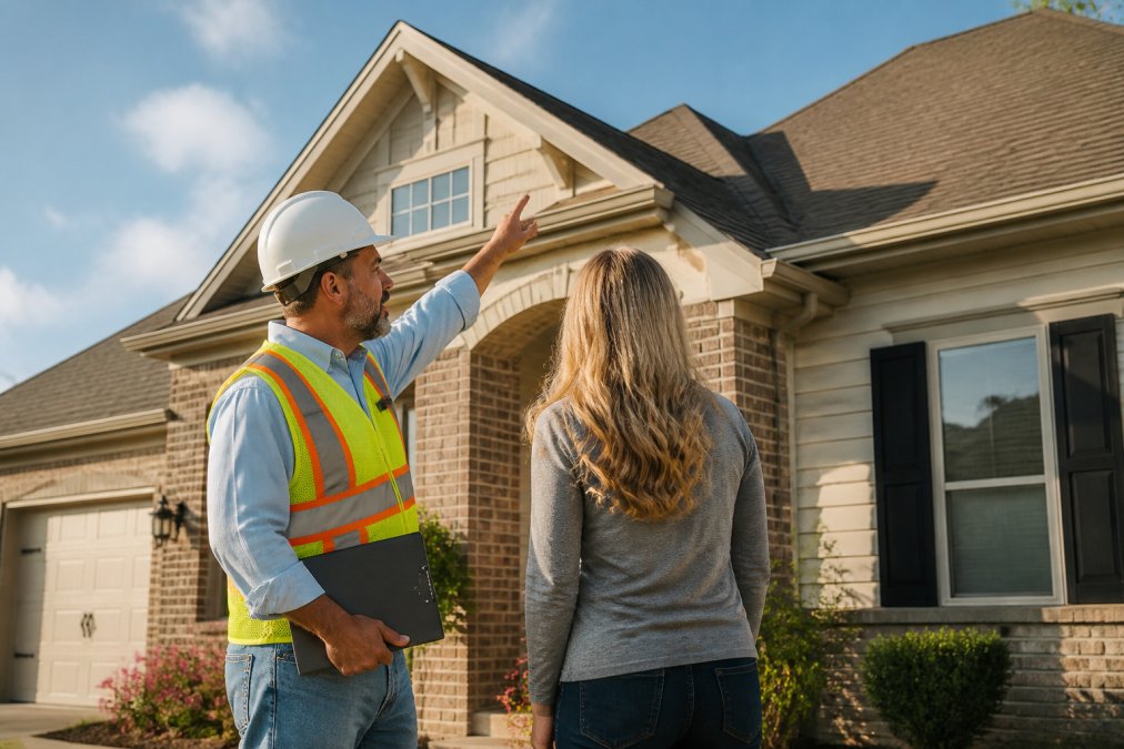 Professional roofing contractor in work vest discussing financing options with homeowner on residential property, pointing at roof structure in afternoon sunlight
