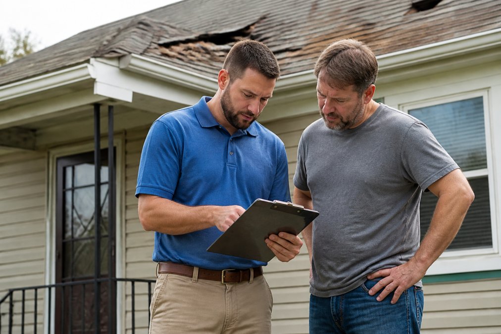 Homeowner and roofing contractor reviewing detailed roofing estimate documents on a clipboard outside a residential home with visible roof damage and aged shingles