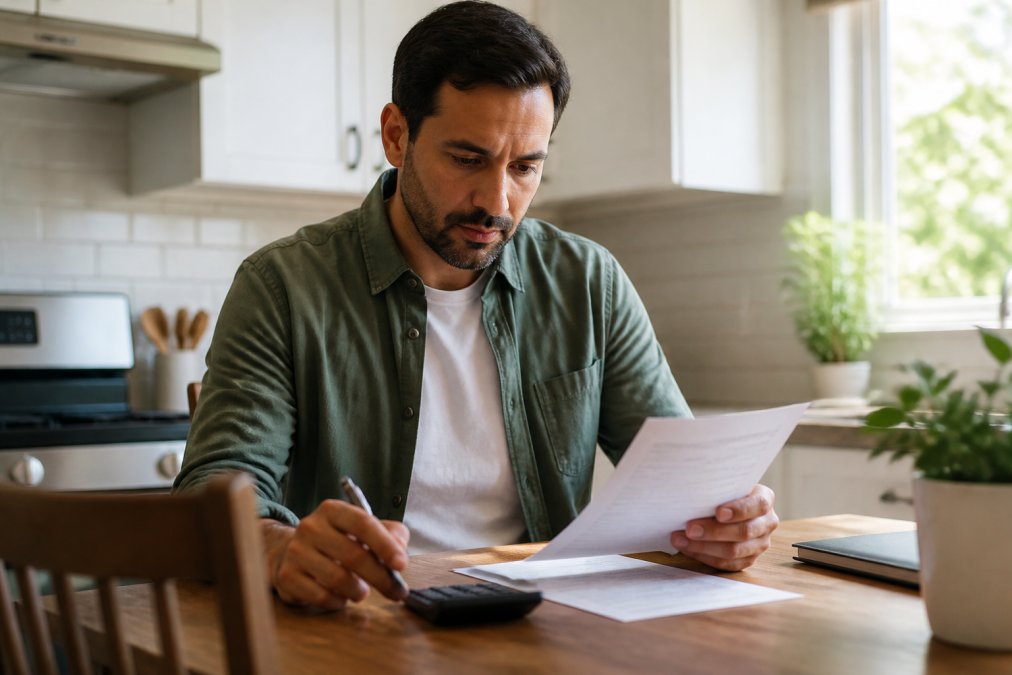 Homeowner reviewing loan documents at a kitchen table with a calculator and pen, natural daylight streaming through a window