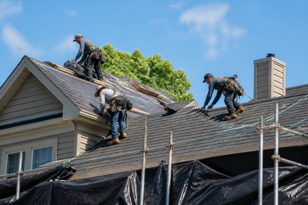 Professional roofing crew in safety harnesses installing new asphalt shingles on residential home with scaffolding and protective tarps visible, bright daylight conditions