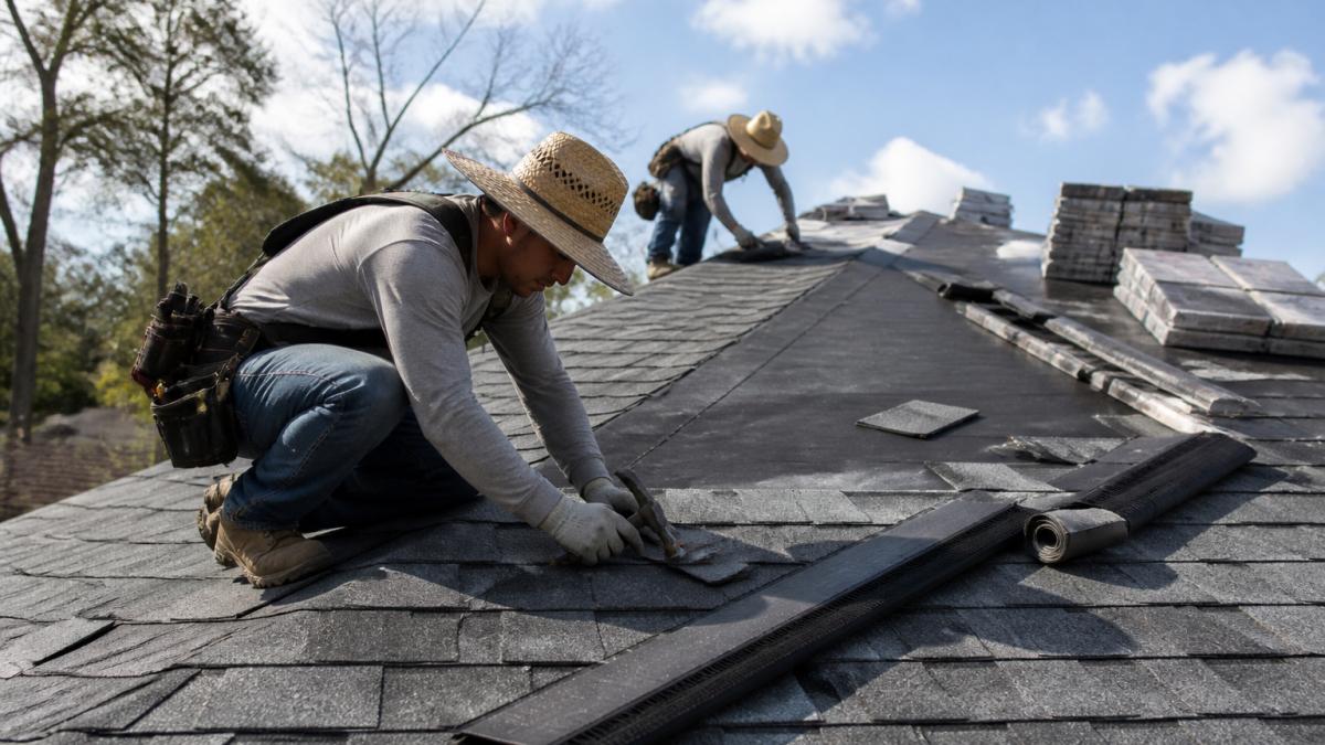 Professional crew installing shingles and flashing during a roof replacement timeline.