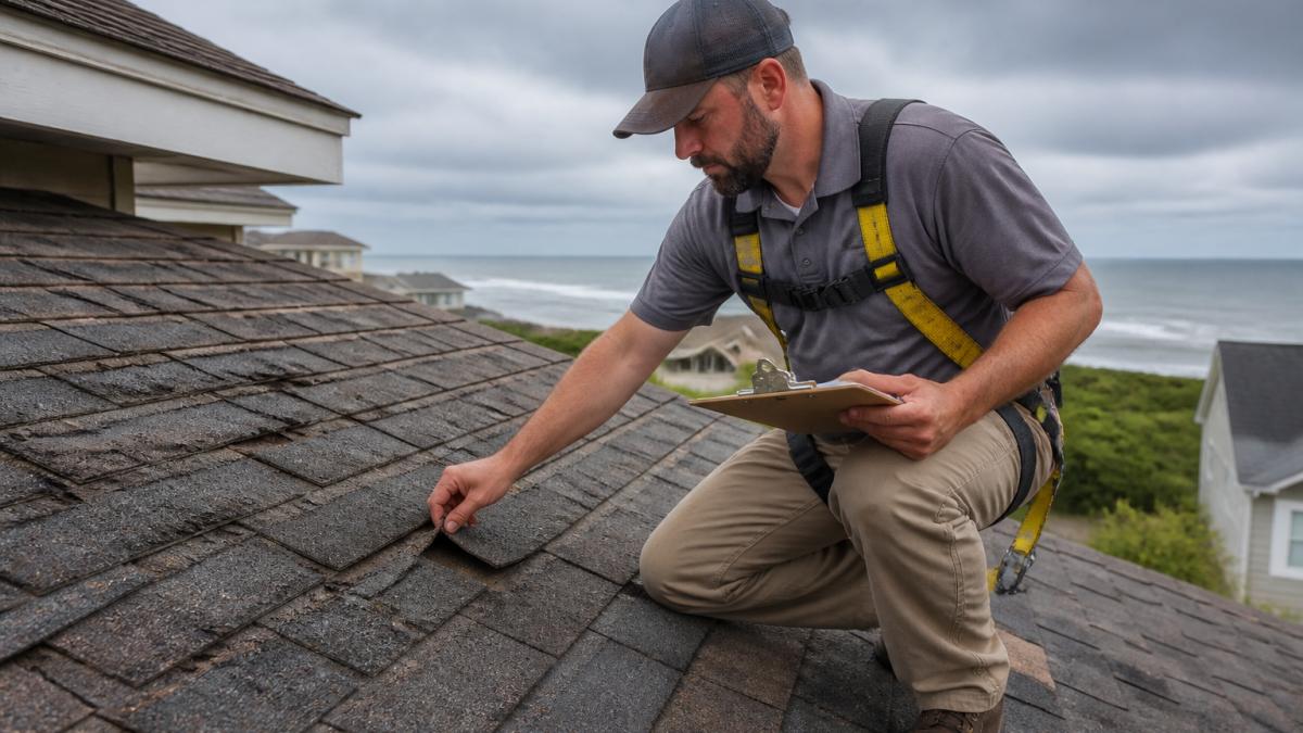 A roofing inspector in a safety harness on a residential roof, examining curling asphalt shingles with a clipboard in hand, overcast coastal sky in the background