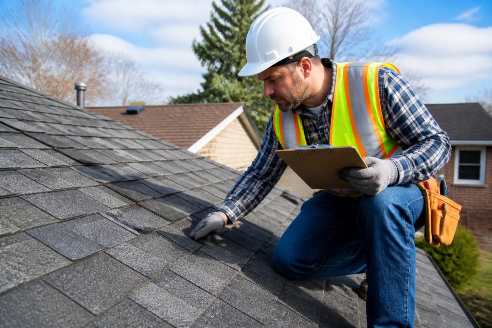Roofing contractor inspecting asphalt shingles to help with your roof replacement vs roof repair cost comparison