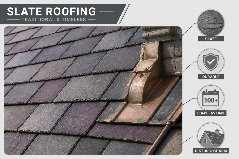 Close-up of traditional slate roofing tiles with deep gray and purple tones, showing weathered patina and original copper flashing detail, natural afternoon sunlight highlighting texture and craftsmanship