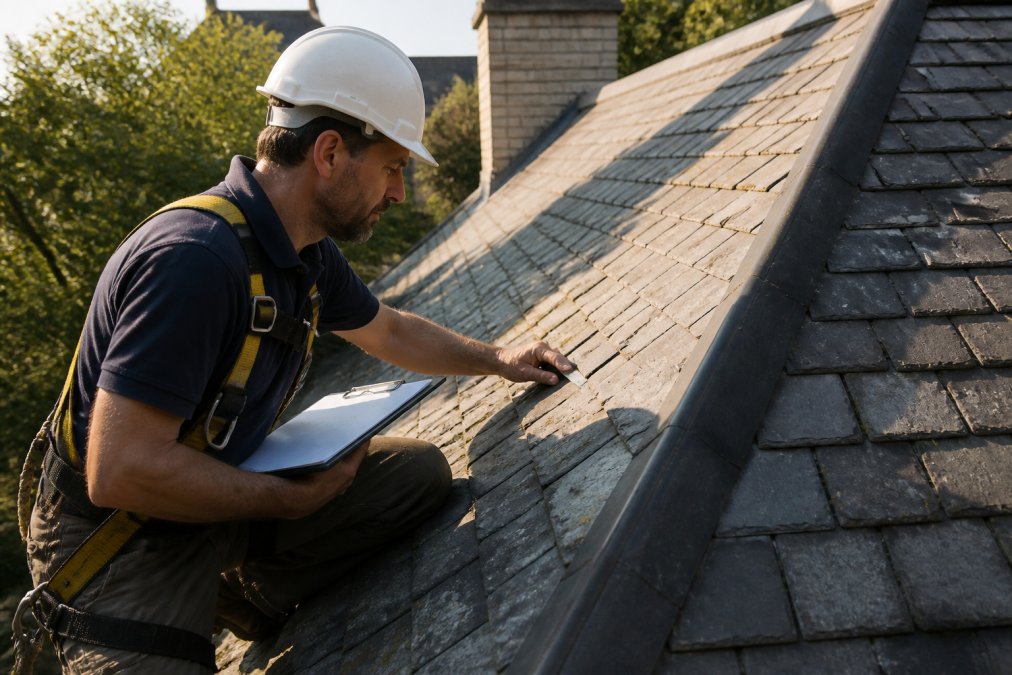 Professional roofing contractor in safety harness and hard hat inspecting steep historic roof pitch, examining slate tiles closely with clipboard and measurement tools, morning sunlight