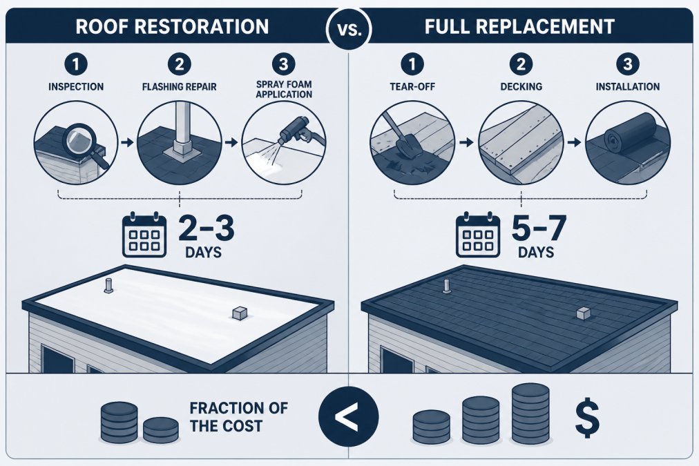 Comparison diagram detailing the time and cost benefits of roof restoration versus full roof replacement.