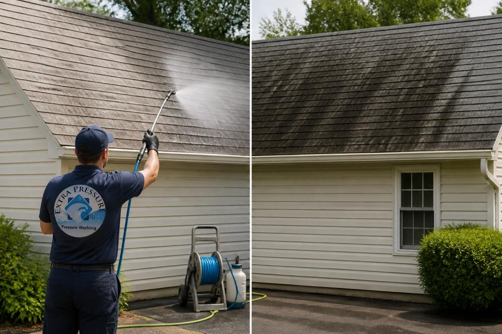A technician in a branded uniform using a soft wash wand to gently rinse algae and black streaks off an asphalt shingle roof, with a garden hose and low-pressure sprayer visible on the driveway below