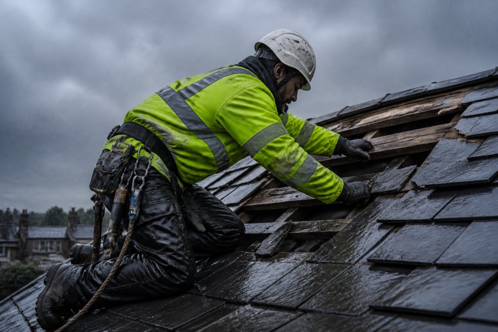Roofer in high-visibility gear and safety harness working on storm-damaged roof tiles with grey sky and rain in background